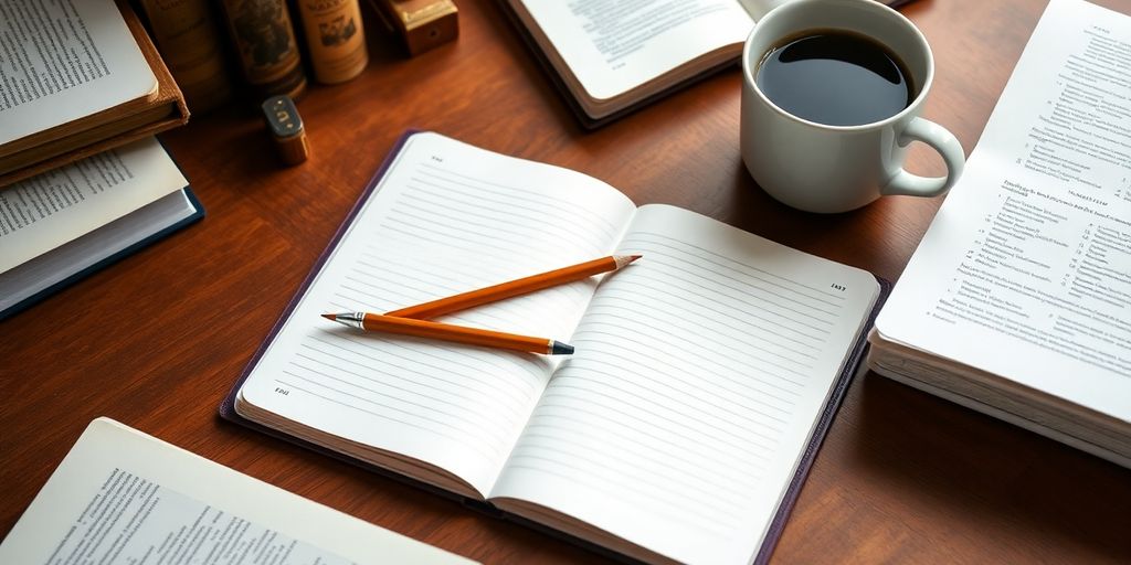 Cozy writing environment with notebook, pencil, books, and coffee.