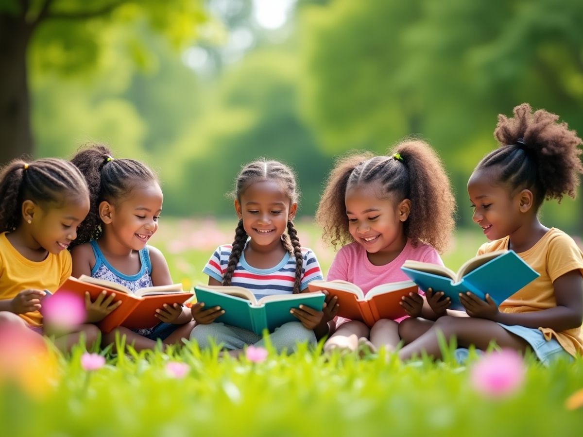 Copii citind cărți într-un parc plin de verdeață.