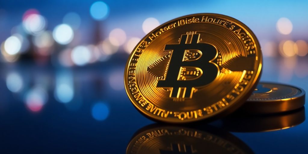 Golden cryptocurrency coin on reflective surface with city lights background.