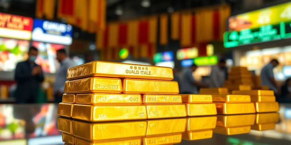 Barres d'or empilées sur une surface réfléchissante.