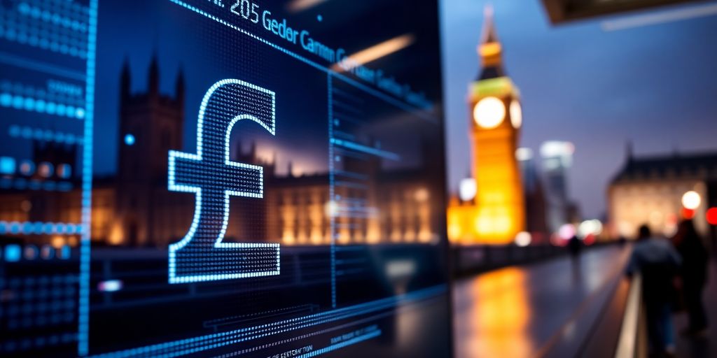 Digital currency symbol with London skyline in background.