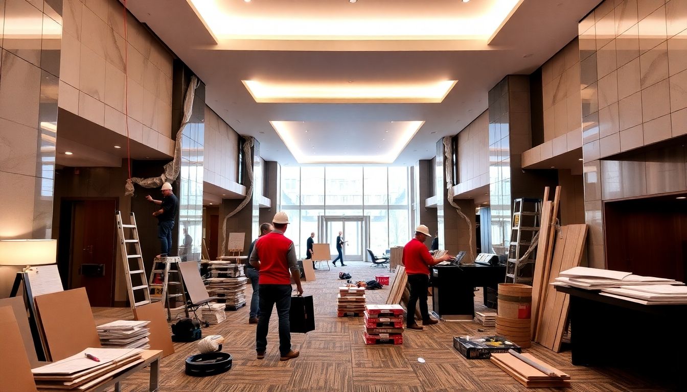 Hotel lobby renovation with workers and tools in action.