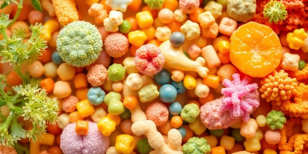 Healthy gut microbiome with diverse colorful probiotics.