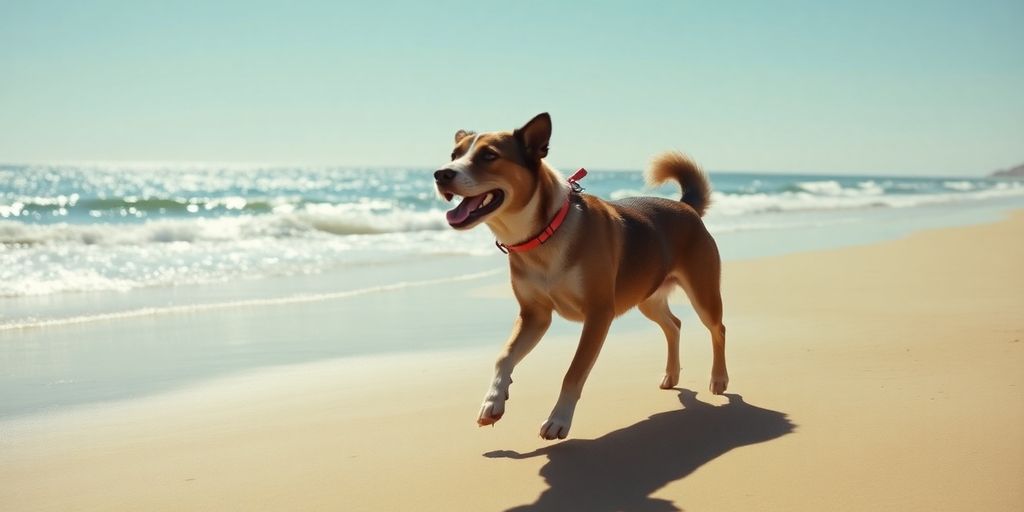 Dog and owner walking happily on Bondi Beach sand.