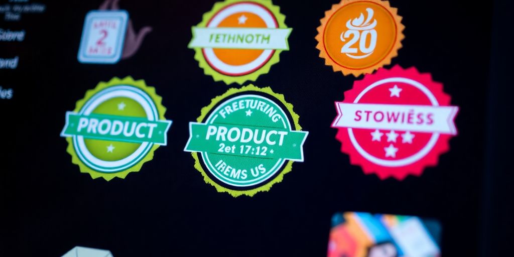 Product badges on a website.