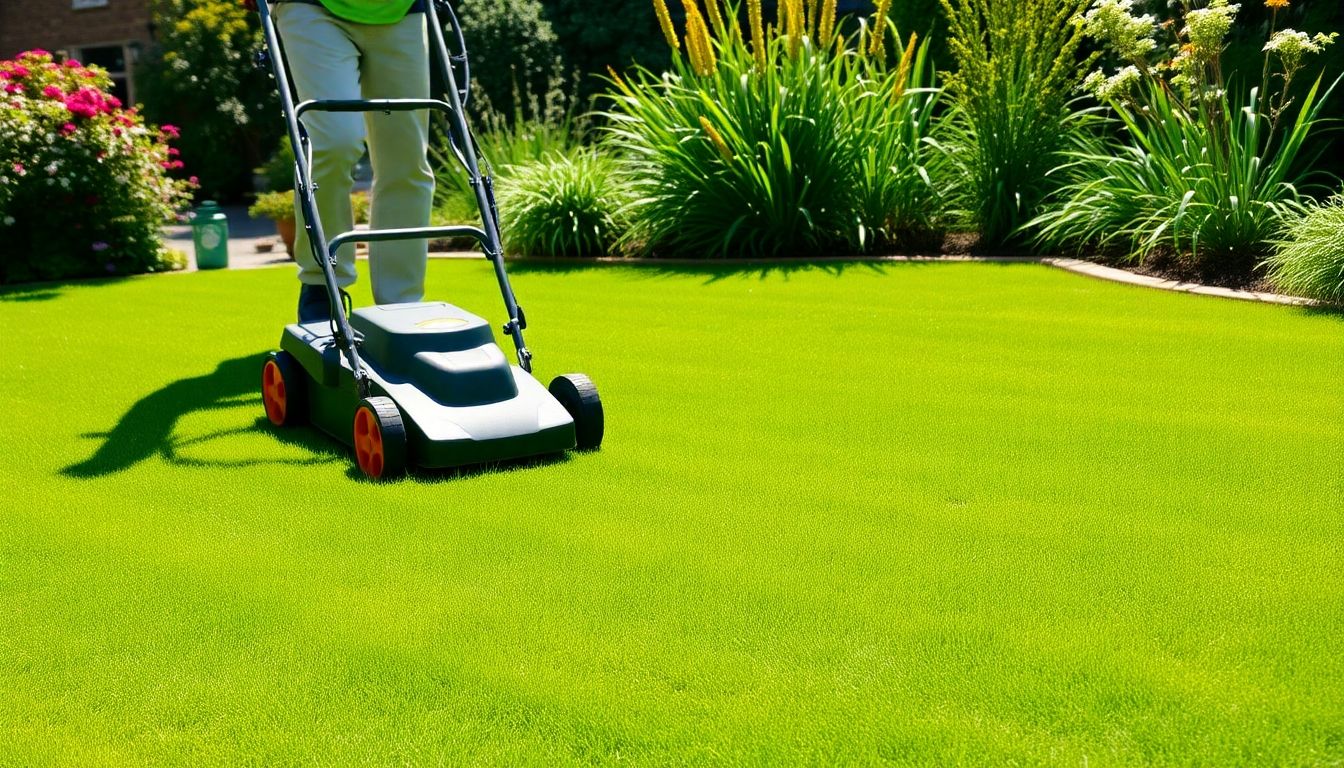 Lawn mowing service in a sunny London garden.