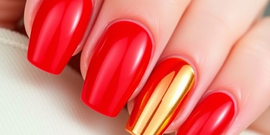 Unhas vermelhas com pontas douradas em estilo moderno.