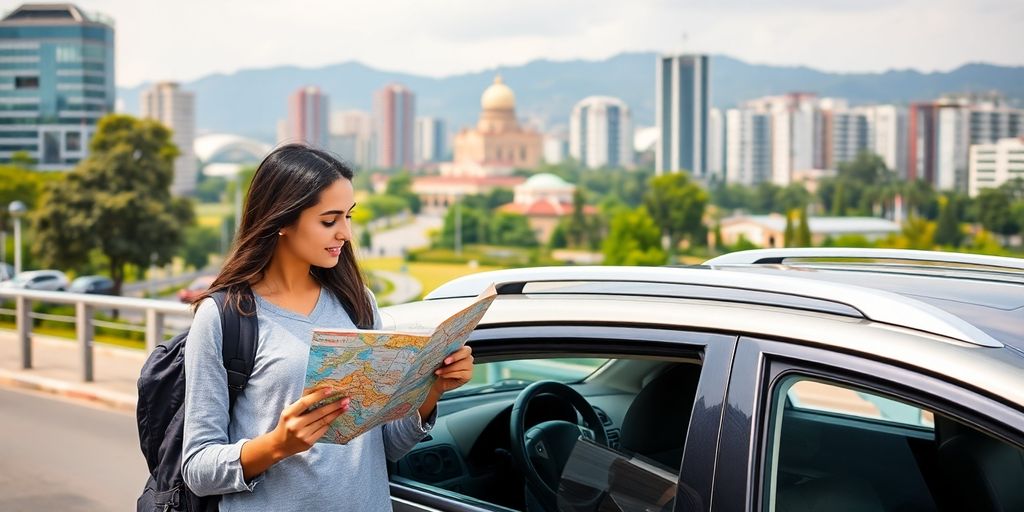 Tourist with rental car in Islamabad cityscape background.