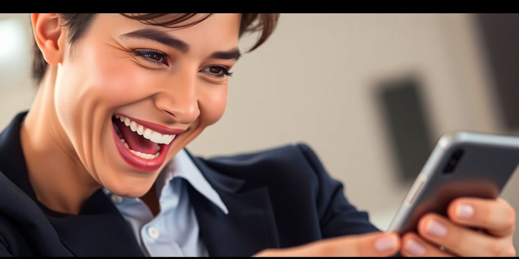 Person holding product, smiling, engaging effectively.