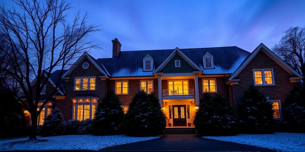 Elegant Ladue home with warm permanent Christmas lights.