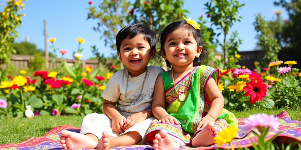 Indian baby boy and girl sitting on a blanket