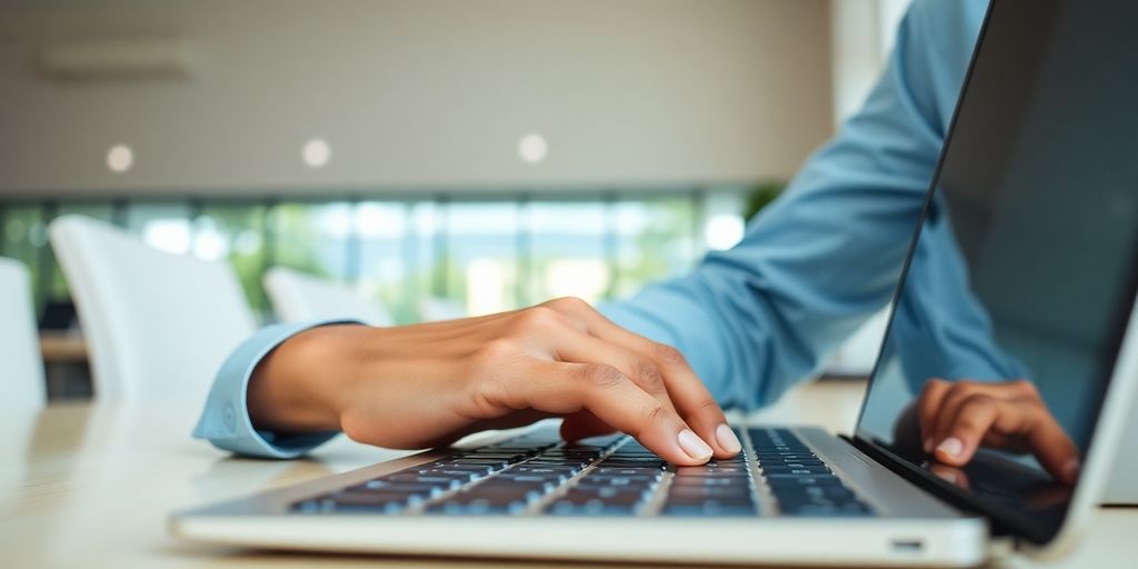 Person writing, looking at a computer.