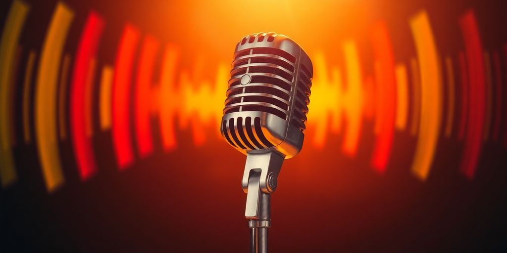 Micrófono vintage con fondo abstracto de ondas sonoras.