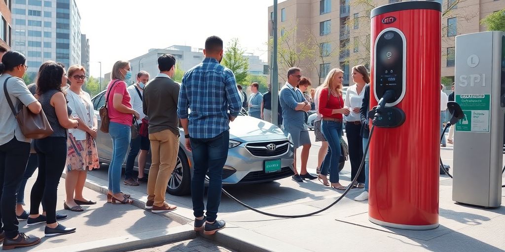 EV charging station, car, and people.