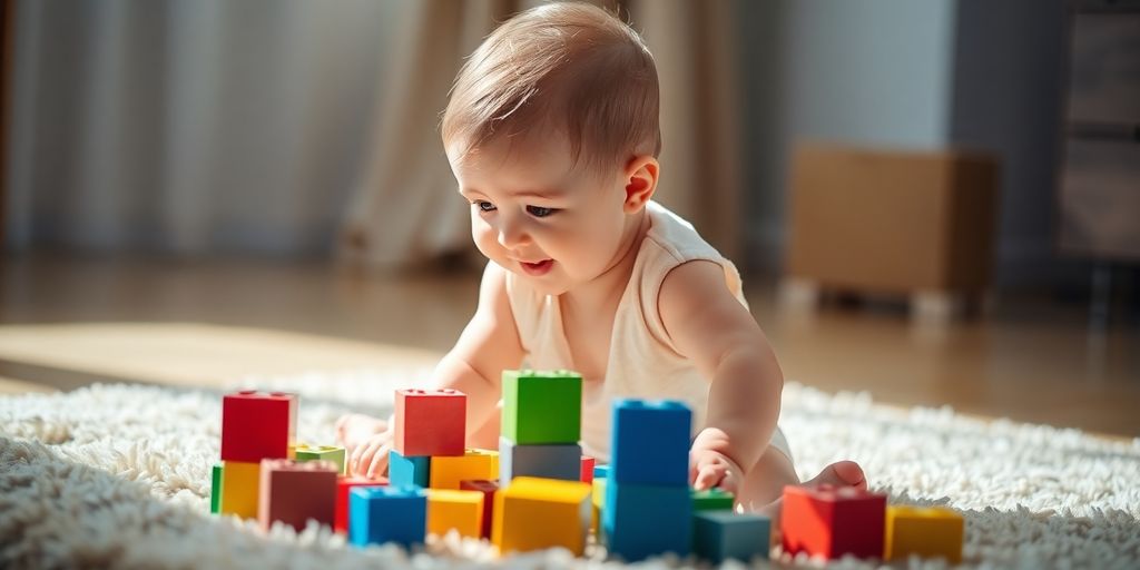 Bebê brincando com blocos, radiante.