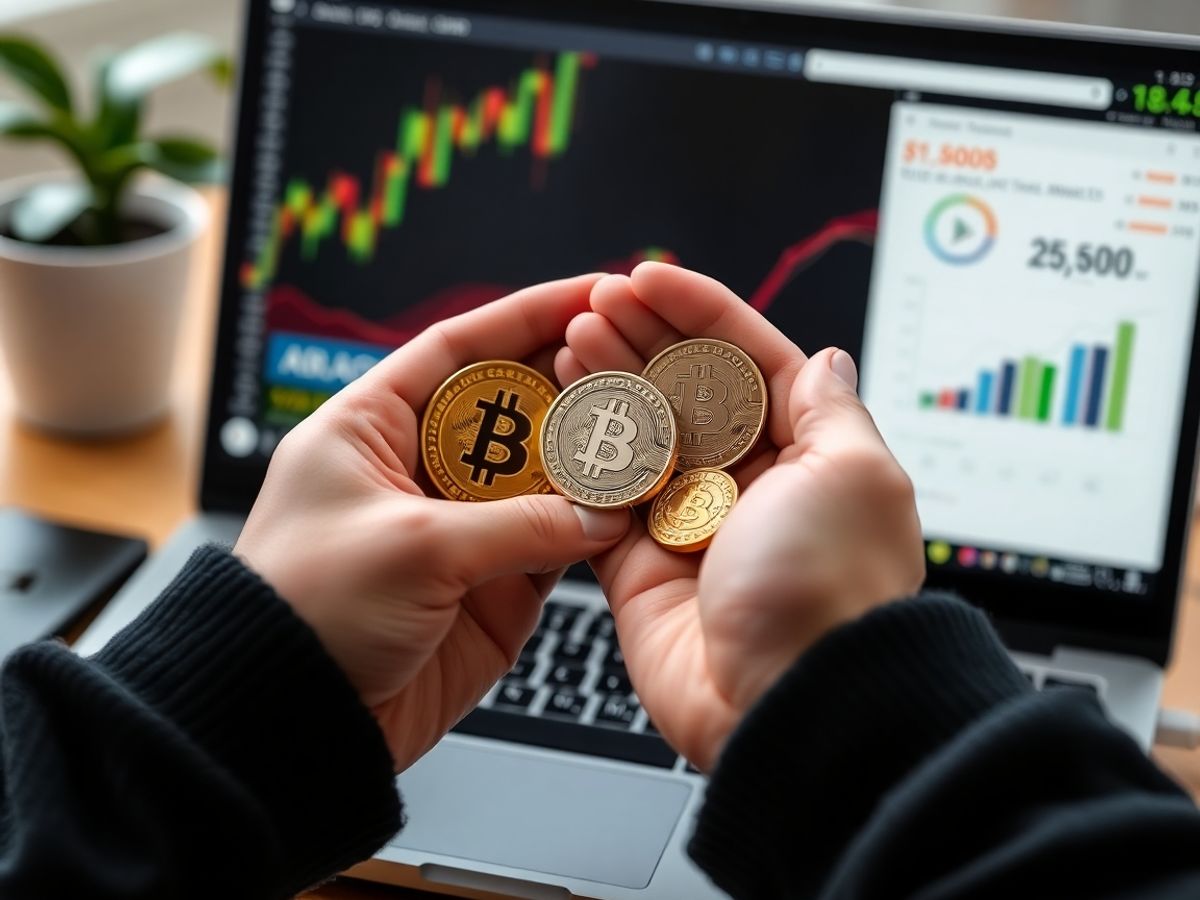 Hands holding cryptocurrency coins near a laptop.