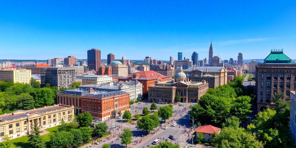 Colorful Montreal skyline with lively streets and parks.