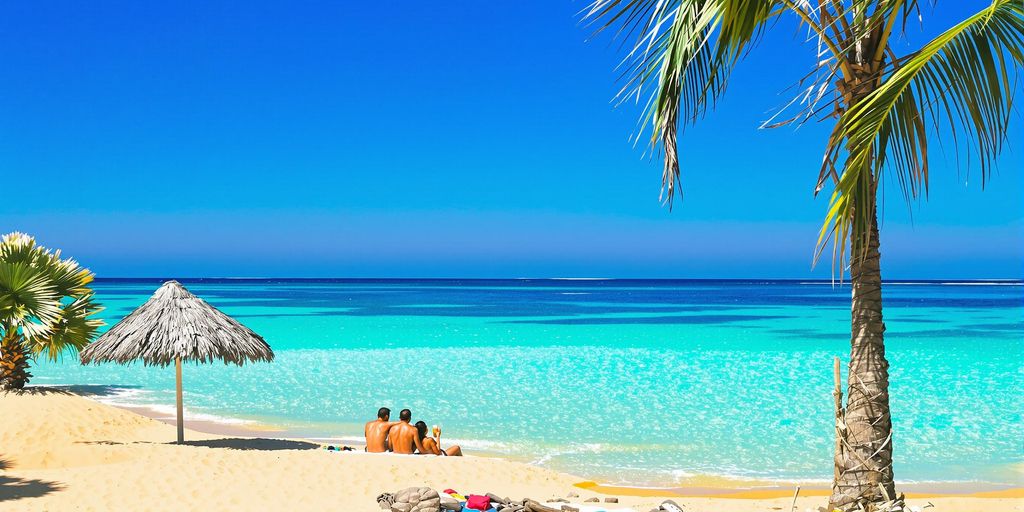 Couple relaxing on a sunny Cabo beach with drinks.