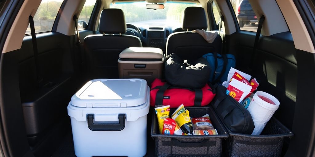 Organized car interior with travel essentials for a road trip.