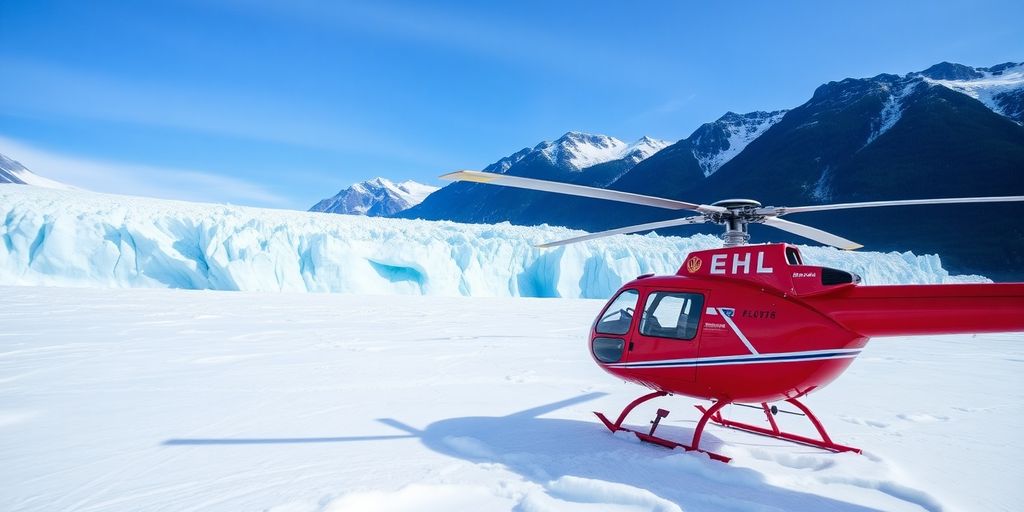 A red helicopter landed on the vast Mendenhall Glacier.