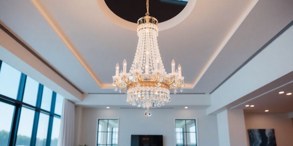 Elegant chandelier with crystals in modern interior setting.