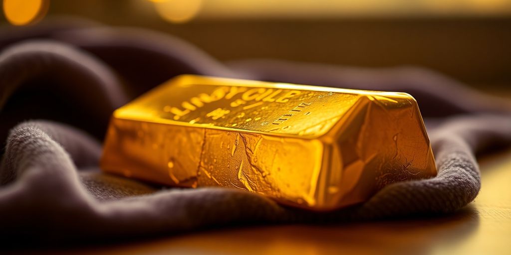Lingot d'or sur un tissu en velours.