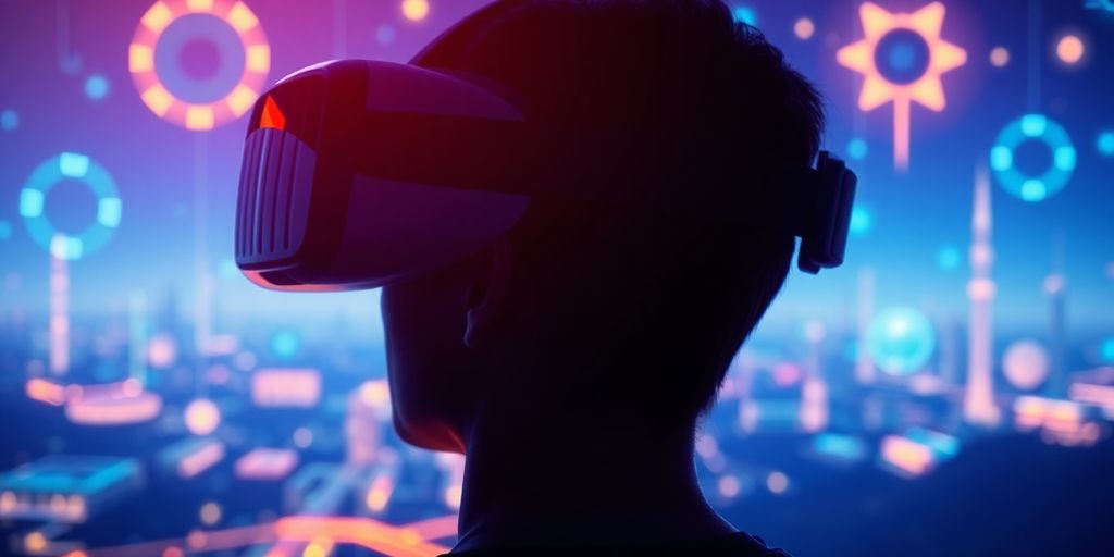 Sleek VR headset in a futuristic, immersive digital world.