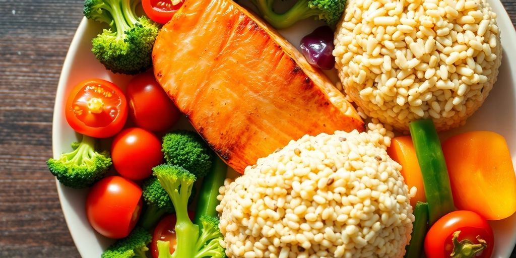 Colorful dinner plate with various ingredients.