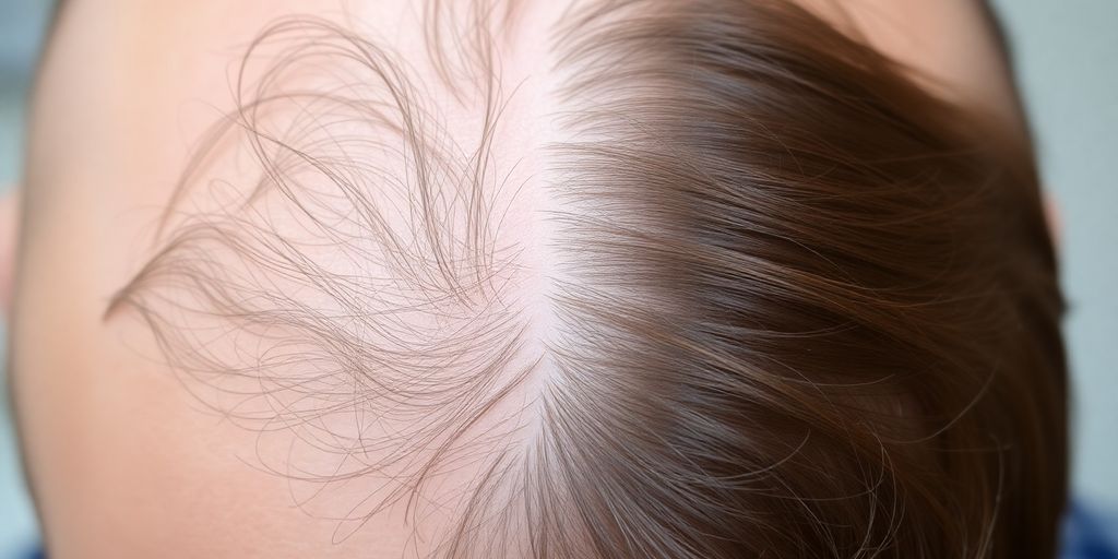 Scalp with thinning hair and healthy hair strands.