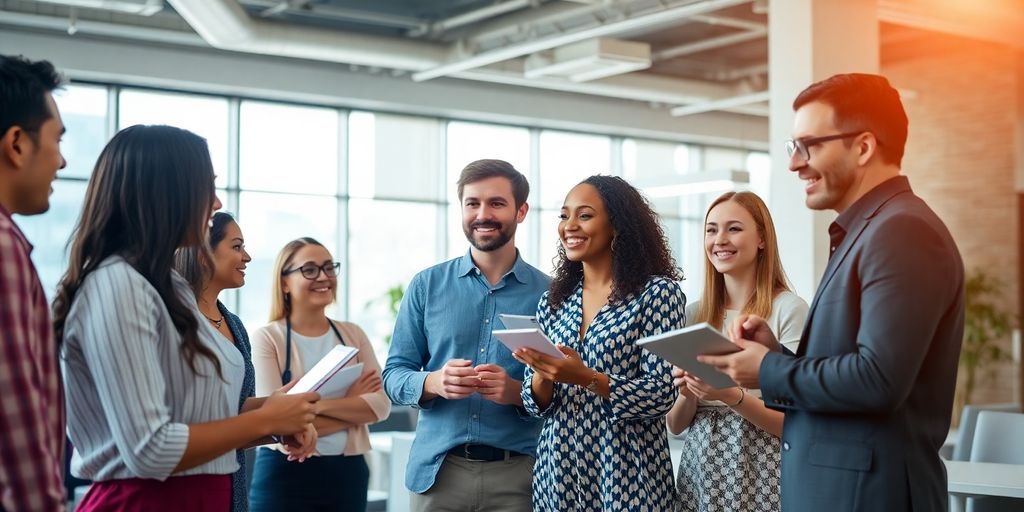 Group of professionals discussing ideas in a bright office.