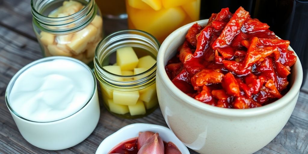 Table with various fermented foods.