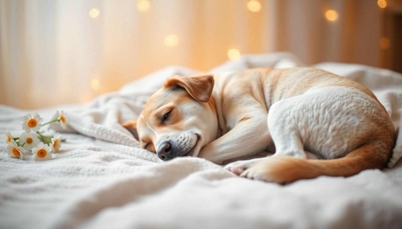 A peaceful pet resting on a blanket with flowers.