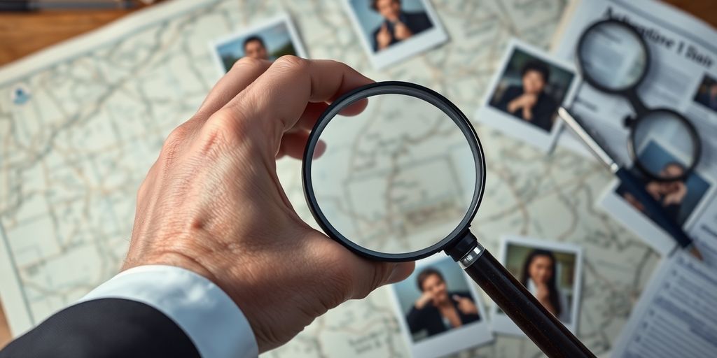 Detective examining a map with magnifying glass and notes.