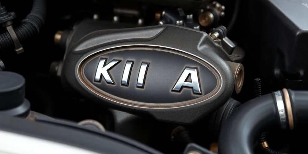 Close-up of a gleaming Kia engine component.