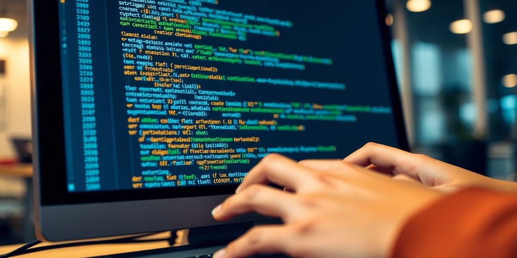 Database developer coding on a laptop.
