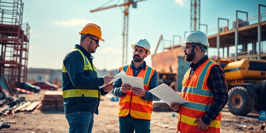 Construction workers evaluating risks on-site with equipment.