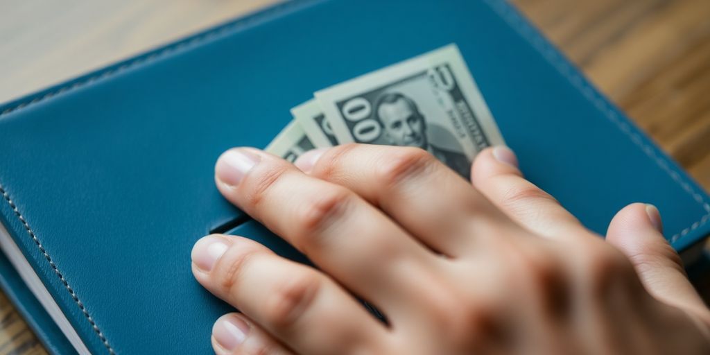 Une main retirant des billets d'une fente de livre.