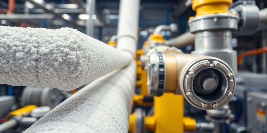Close-up of insulated industrial pipes and seals.
