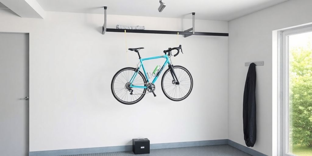 A bike hanging vertically on a stylish bike hanger.