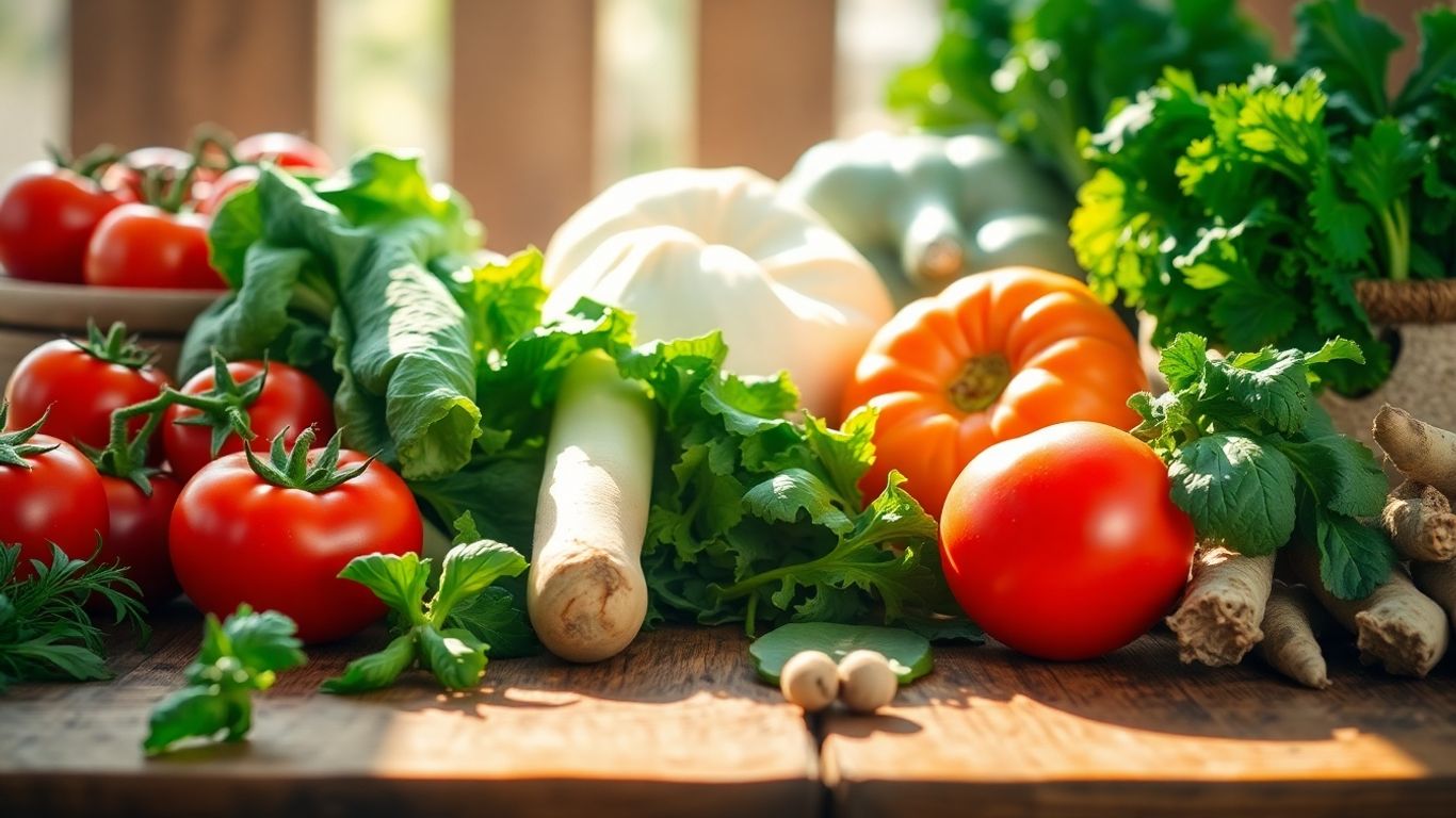 Légumes frais et colorés sur une table en bois