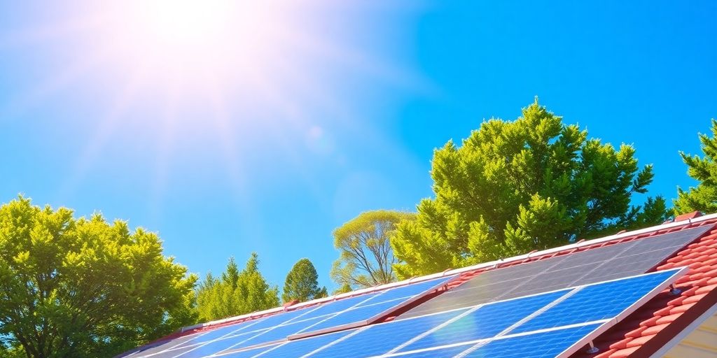 Solar panels on a roof under a sunny blue sky.