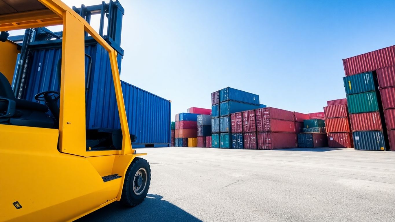Forklift moving stacks of shipping containers.