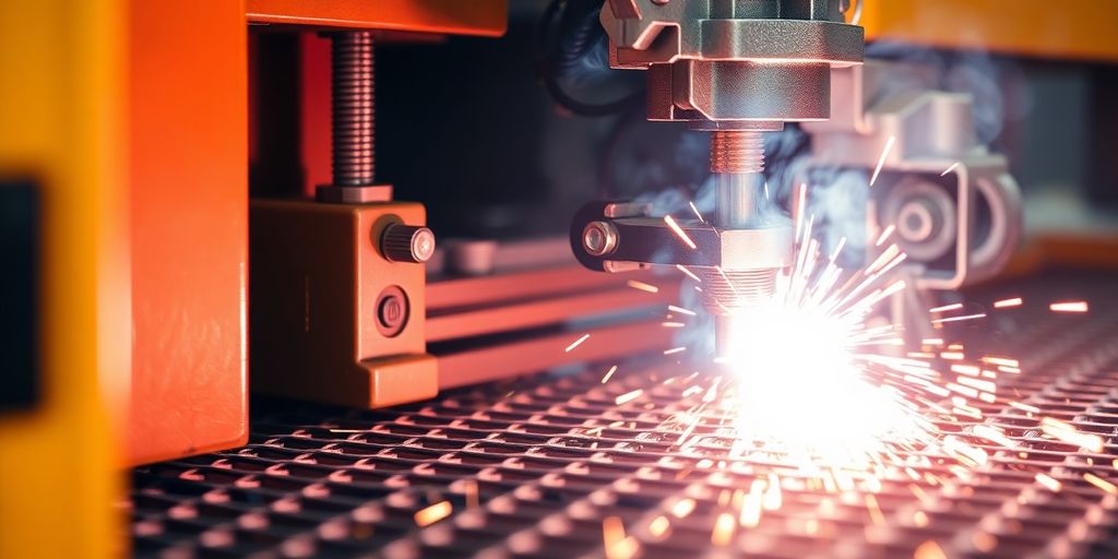 Close-up of a mesh welding machine in action.