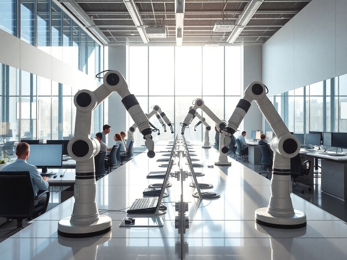 Roboți colaborând cu oameni în medii de afaceri.