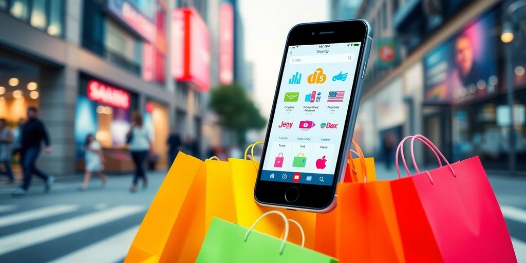 Mobile device with shopping interface and bags in urban setting.