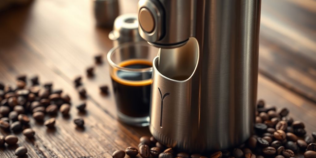 Portable espresso maker with coffee beans and a cup.