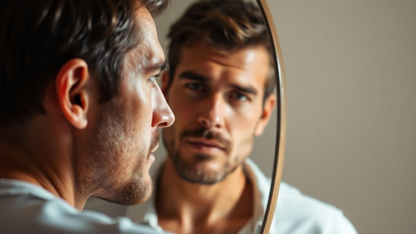 Un homme se regardant dans un miroir avec sérénité.