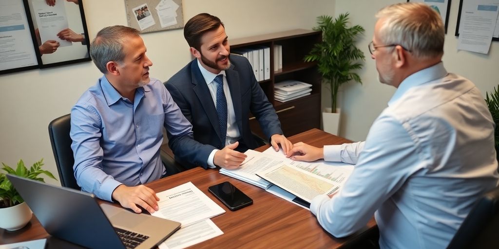 Mortgage broker consulting with a client in an office setting.