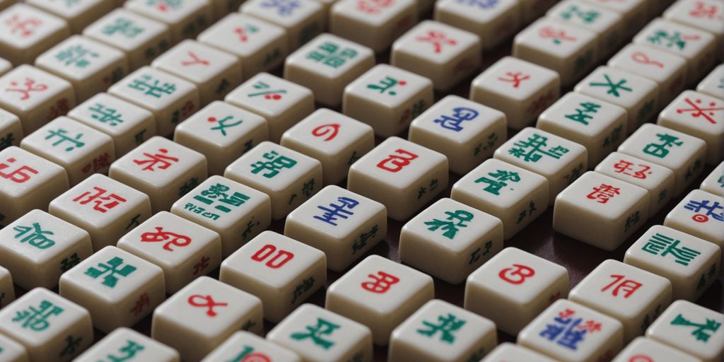 Close-up of Mahjong tiles with numbers and symbols.