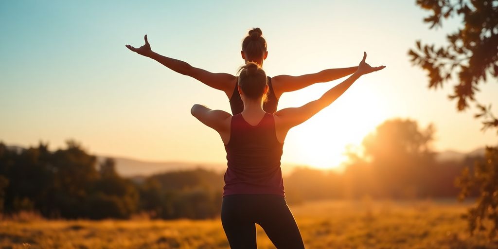 Person stretching outdoors at sunrise.